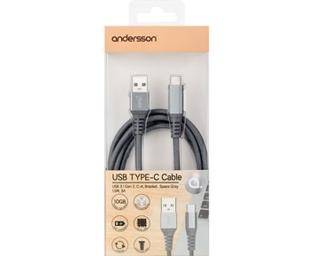 Andersson Usb 3 1 Gen 2 C A Braided 1 5m Space Gray 3a Flatad Usb C Kabel Med Slitstarka Metallholjen