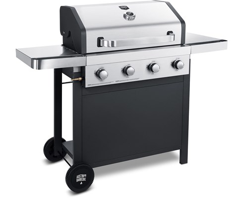 Lättanvänd gasolgrill med sidobord i rostfritt stål