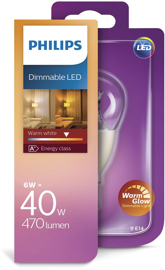 6 W dimbar LED-lampa med blankt glas och varmt ljus