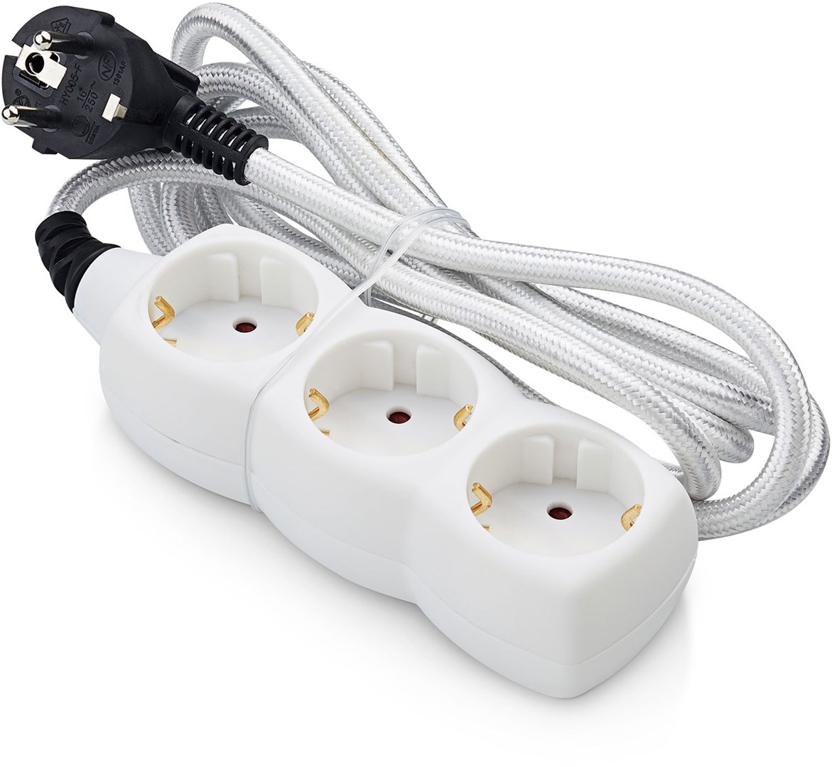 Andersson Extension lead 3way grounded, white, textile cable, 2m